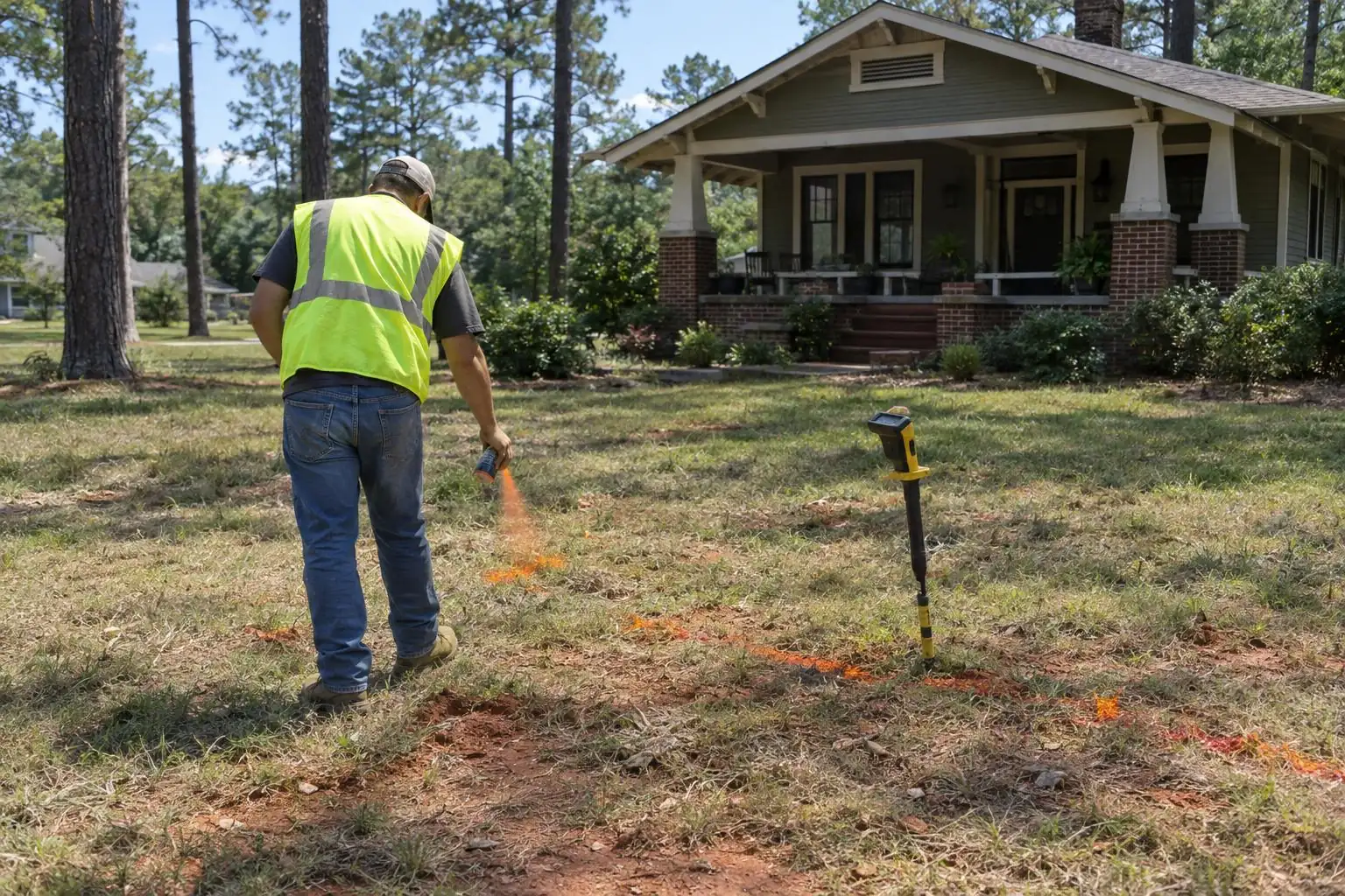 A worker in a safety vest spray-painting orange marks on a lawn beside a yellow pipe locator in front of a craftsman house