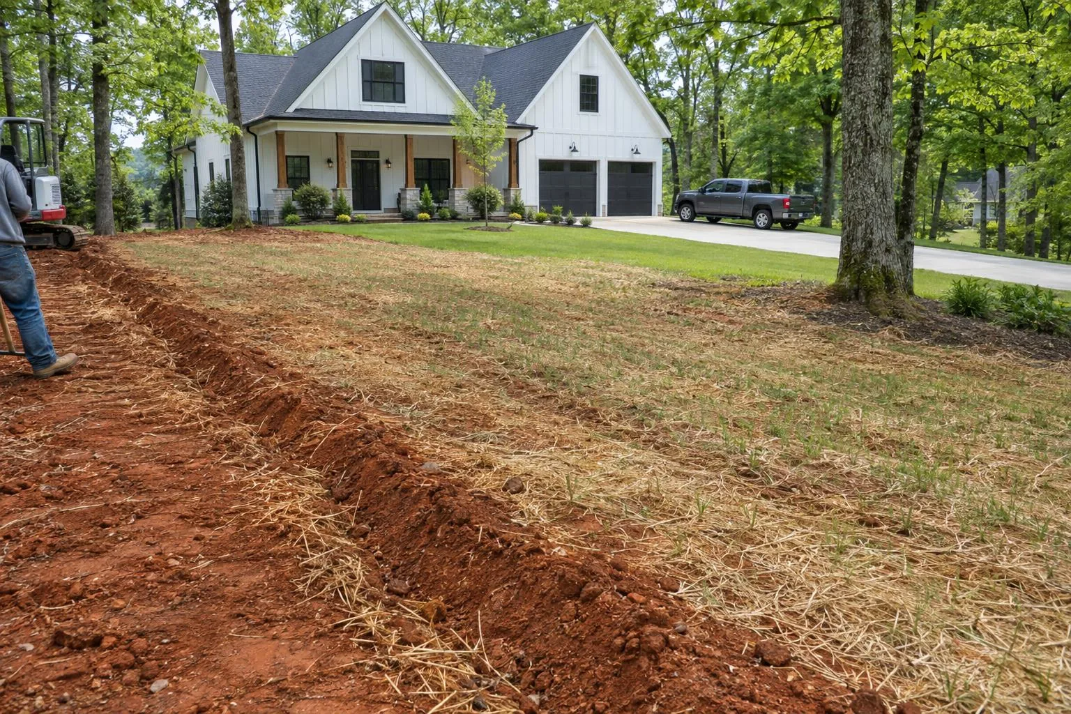 A freshly refilled trench of red clay with straw across a front lawn, a worker and mini excavator at the far end, a white house behind